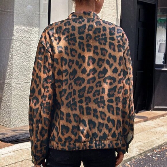 Multicolor Casual Women's Animal Leopard Print Wool Blend Jacket - Picture 2 of 6